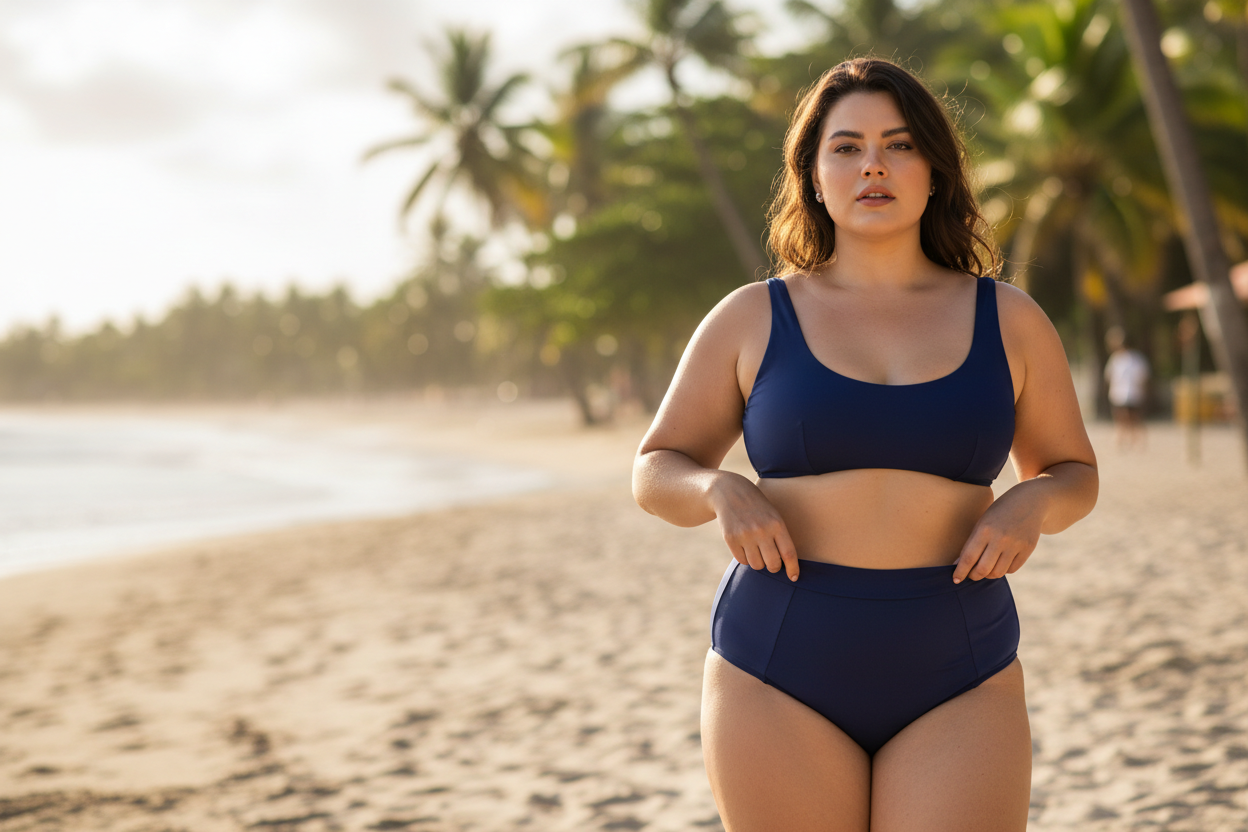 Mulher usando biquíni de cintura alta azul-marinho na praia