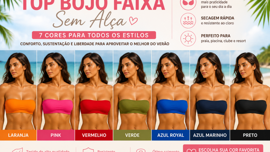 Top Bojo Faixa com Alça em 7 cores para moda praia: laranja, pink, vermelho, verde, azul royal, azul marinho e pret