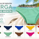 Calcinha de biquíni larga verde menta em destaque com 10 opções de cores, incluindo preto, marinho, azul royal, amarelo, vermelho, verde, verde menta, marrom, rosa e laranja, em cenário de praia.