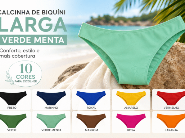 Calcinha de biquíni larga verde menta em destaque com 10 opções de cores, incluindo preto, marinho, azul royal, amarelo, vermelho, verde, verde menta, marrom, rosa e laranja, em cenário de praia.