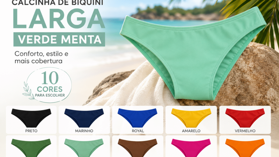 Calcinha de biquíni larga verde menta em destaque com 10 opções de cores, incluindo preto, marinho, azul royal, amarelo, vermelho, verde, verde menta, marrom, rosa e laranja, em cenário de praia.
