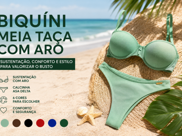 Biquíni meia taça com aro de sustentação e calcinha asa delta verde menta na praia