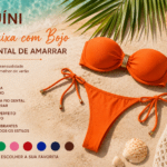 Biquíni top faixa com bojo e calcinha fio dental de amarrar laranja na praia