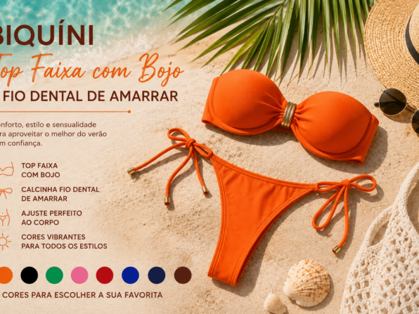 Biquíni top faixa com bojo e calcinha fio dental de amarrar laranja na praia