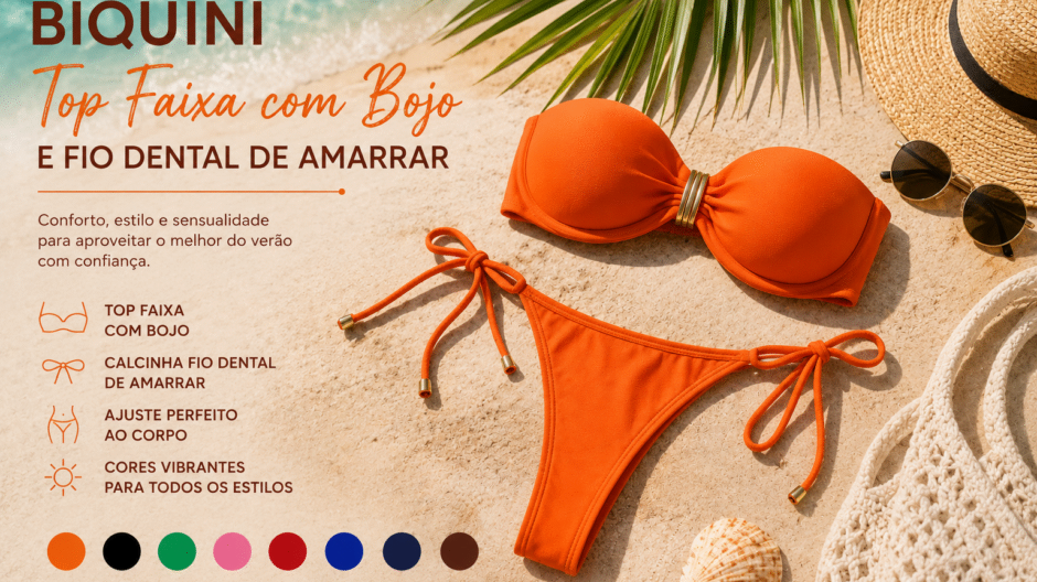 Biquíni top faixa com bojo e calcinha fio dental de amarrar laranja na praia