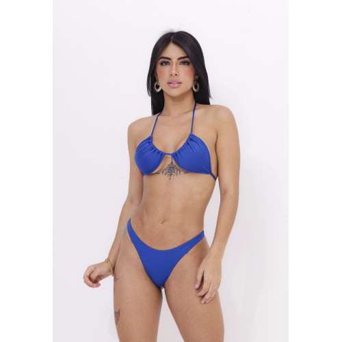 Conjunto de biquíni top cortininha calcinha asa delta fio dental azul