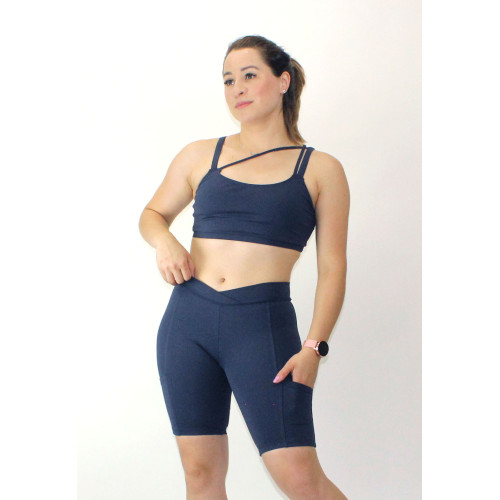 Conjunto fitness top alça dupla bermuda com bolso azul marinho suplex