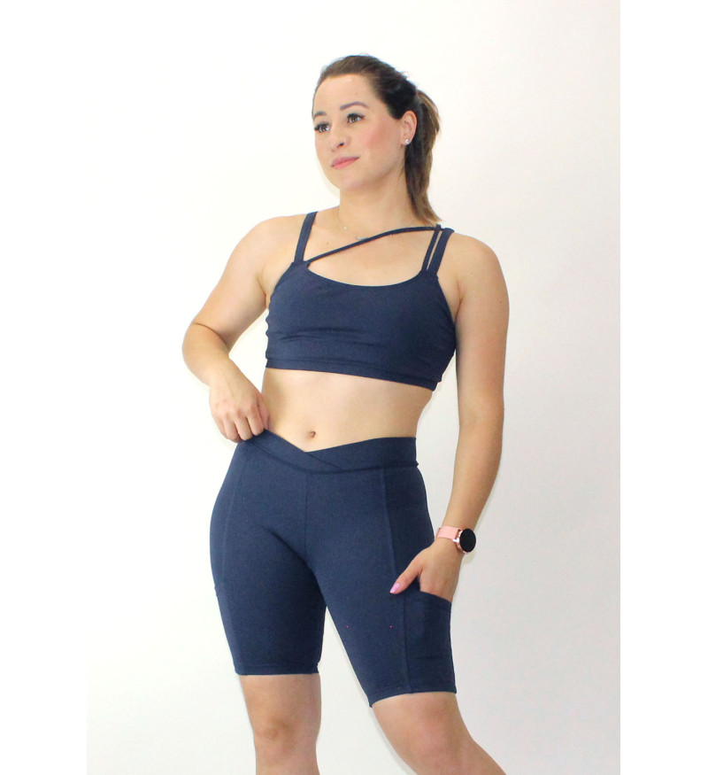 Conjunto fitness top alça dupla bermuda com bolso azul marinho suplex