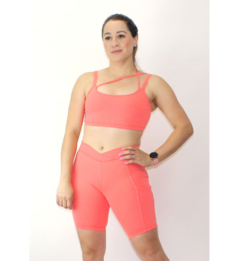 Conjunto fitness top alça dupla bermuda com bolso salmão suplex
