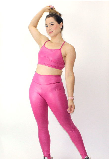 Conjunto fitness top nadador legging cós alto cirre rosa