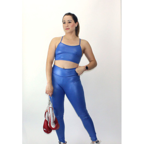 Conjunto fitness top nadador legging cós alto cirre azul
