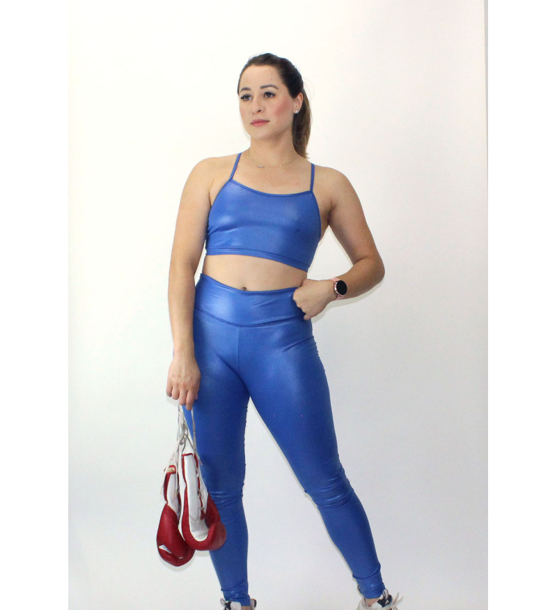 Conjunto fitness top nadador legging cós alto cirre azul