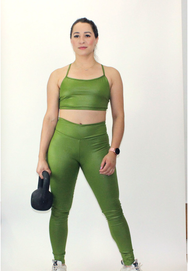 Conjunto fitness top nadador legging cós alto cirre verde