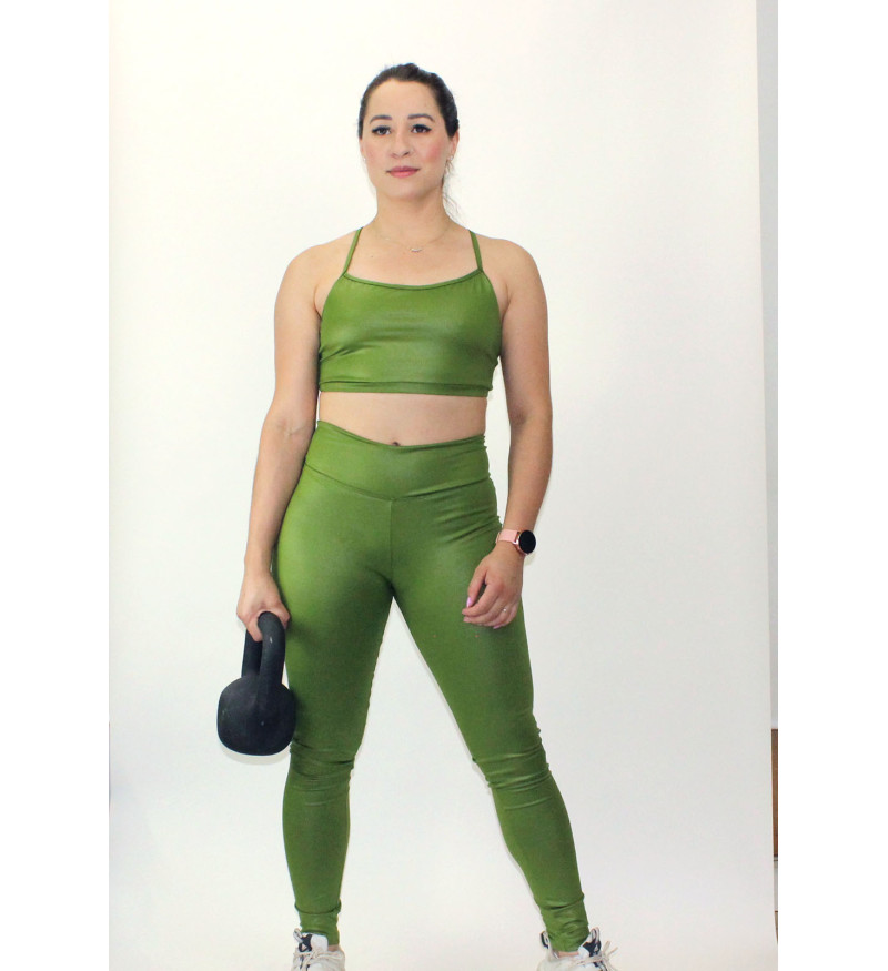 Conjunto fitness top nadador legging cós alto cirre verde