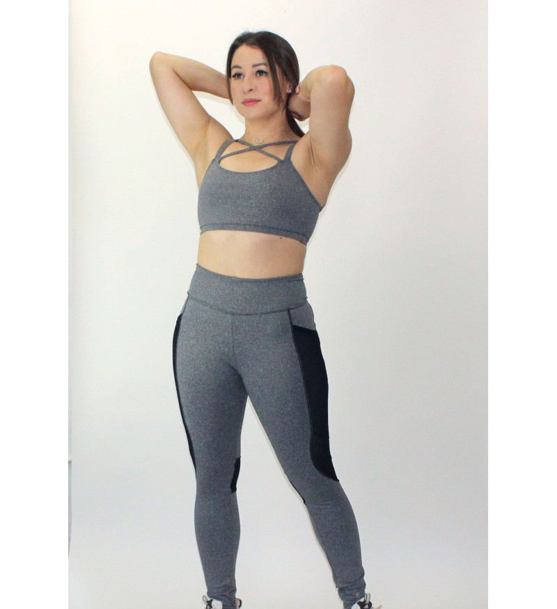Conjunto fitness top alça dupla legging com recorte mescla