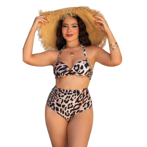 Biquíni Feminino Top Meia Taça Cruzado e Calcinha Hot Pants Estampado Leopardo