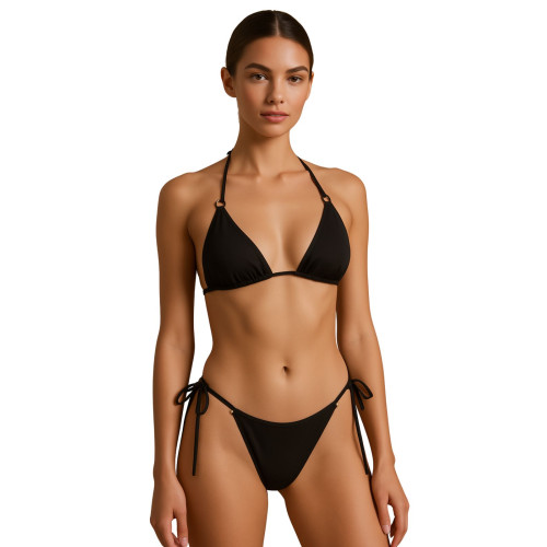 Biquíni Cortininha Preto com Argolas e Laterais Ajustáveis