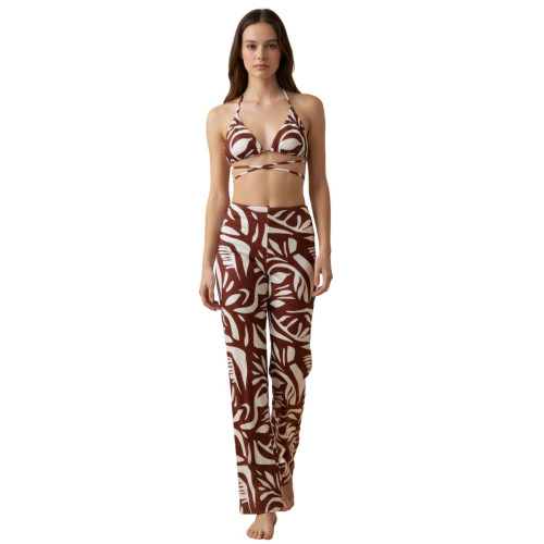 Conjunto Biquíni + Calça Pantalona Folhagem Marrom