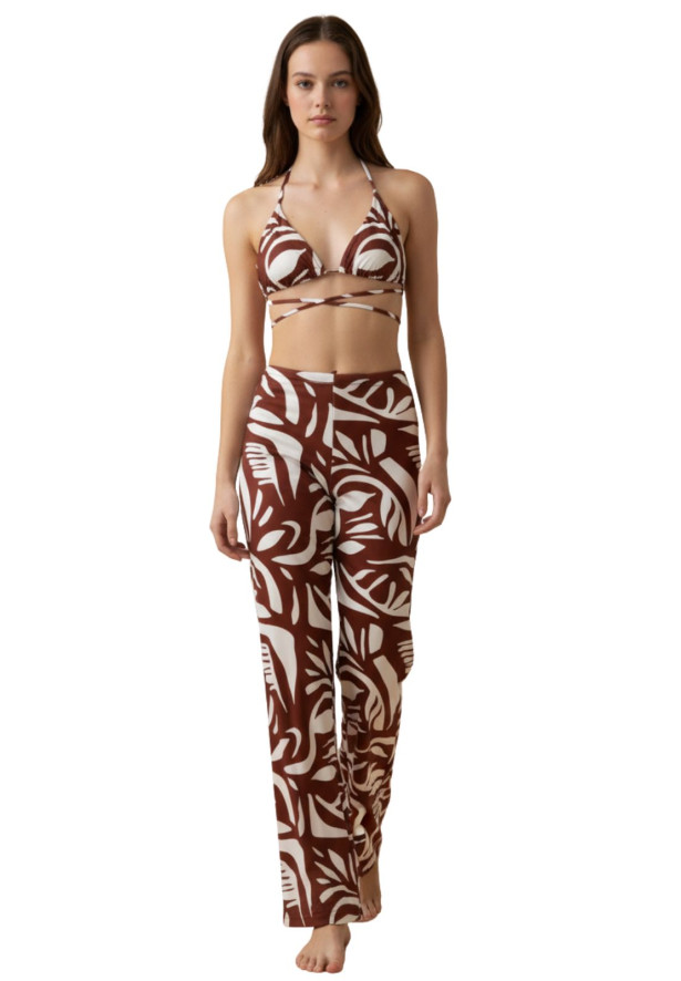 Conjunto Biquíni + Calça Pantalona Folhagem Marrom