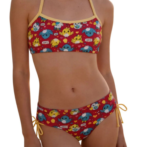 Biquíni Infantil Feminino Estampado Calcinha com ajustes e top Cruzado – Moda Praia Menina Verão