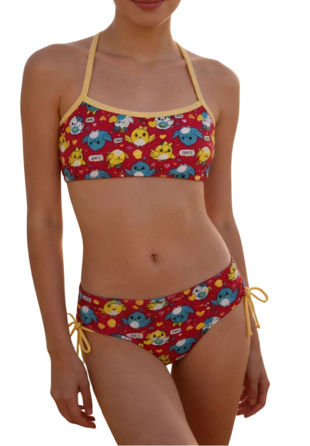 Biquíni Infantil Feminino Estampado Calcinha com ajustes e top Cruzado – Moda Praia Menina Verão