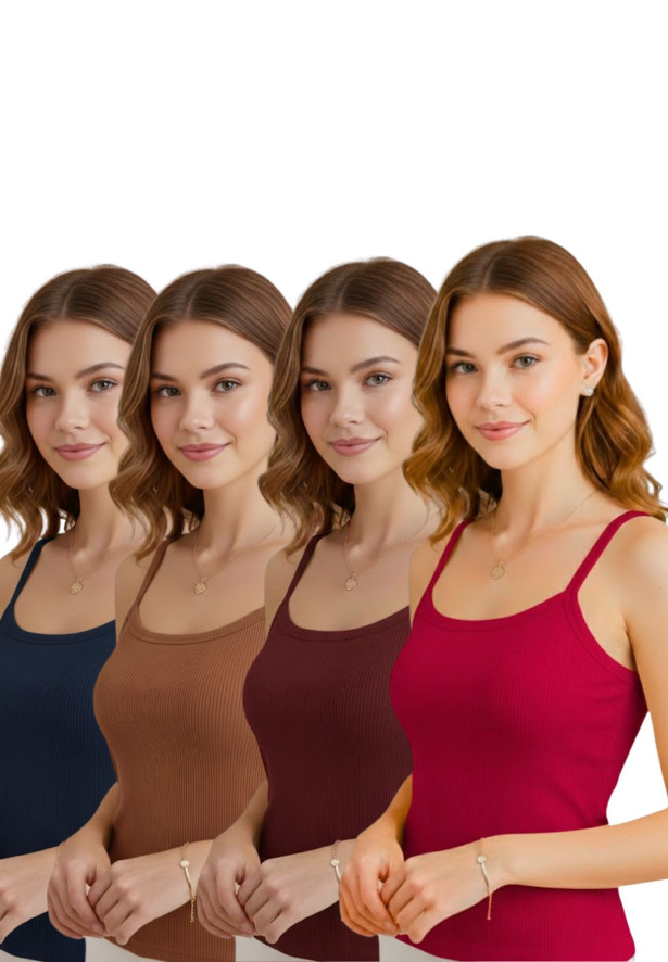 Kit 4 Blusas de Alça Canelada Feminina Básica – Preto, Marrom, Marsala e Amêndoa| Conforto e Estilo