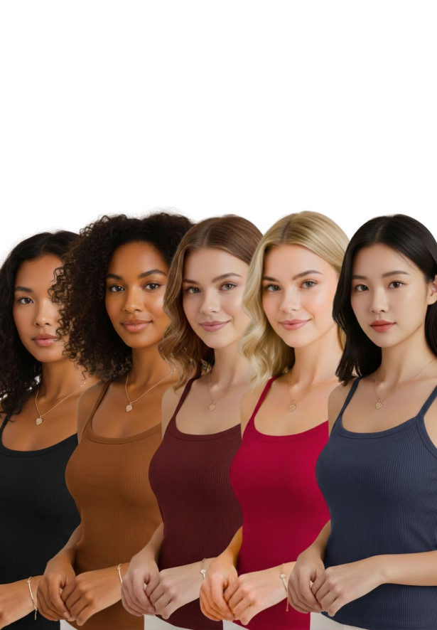 Kit 5 Blusas de Alça Canelada Feminina Básica – Preto, Marrom, Marsala, Amêndoa e marinho| Conforto e Estilo