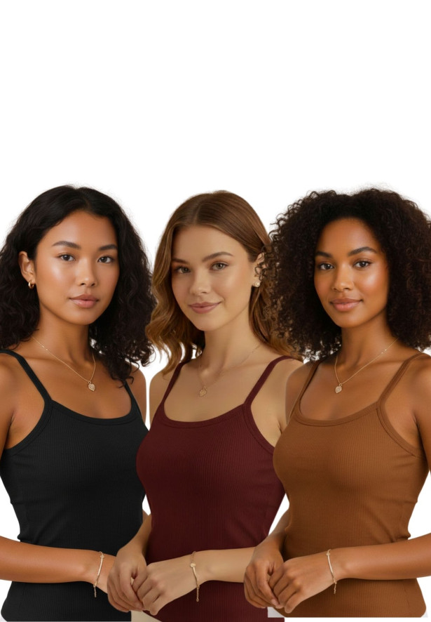 Kit 3 Blusas de Alça Canelada Feminina Básica – Preto, Marrom e Amêndoa| Conforto e Estilo