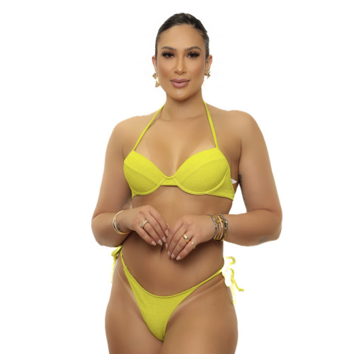 Top bojo aro v + calcinha de amarrar fio dental canelado verde limão