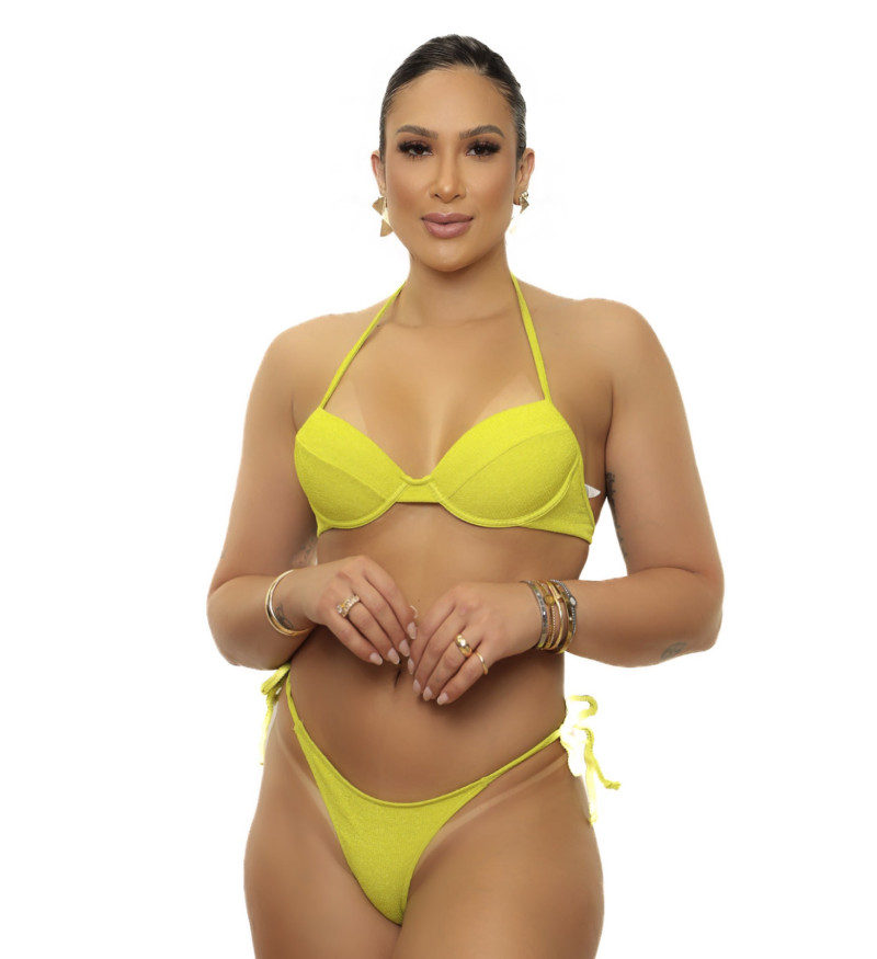 Top bojo aro v + calcinha de amarrar fio dental canelado verde limão