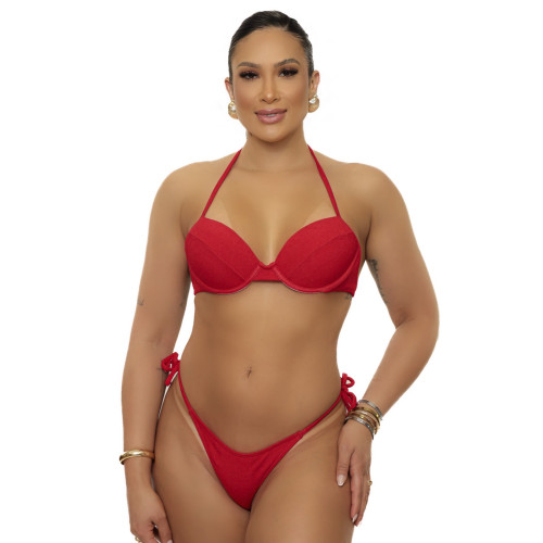 Top bojo aro v + calcinha de amarrar fio dental canelado vermelho
