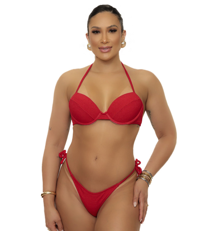 Top bojo aro v + calcinha de amarrar fio dental canelado vermelho