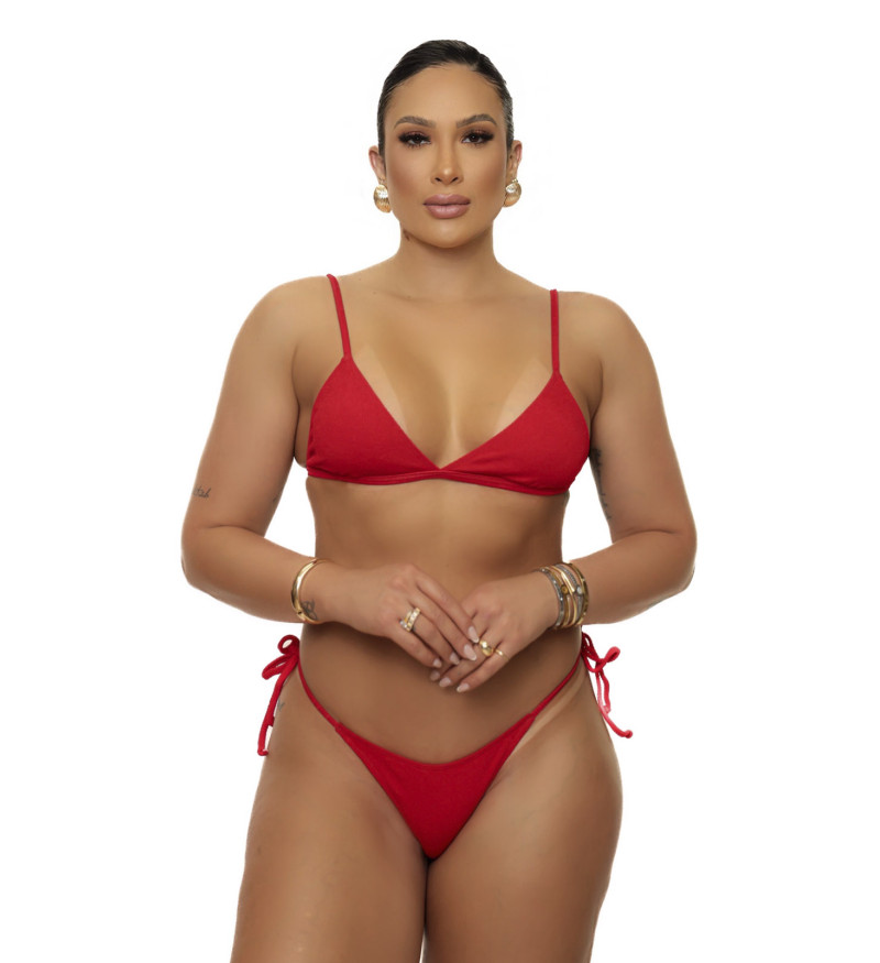 Top com regulagem + calcinha de amarrar canelado vermelho