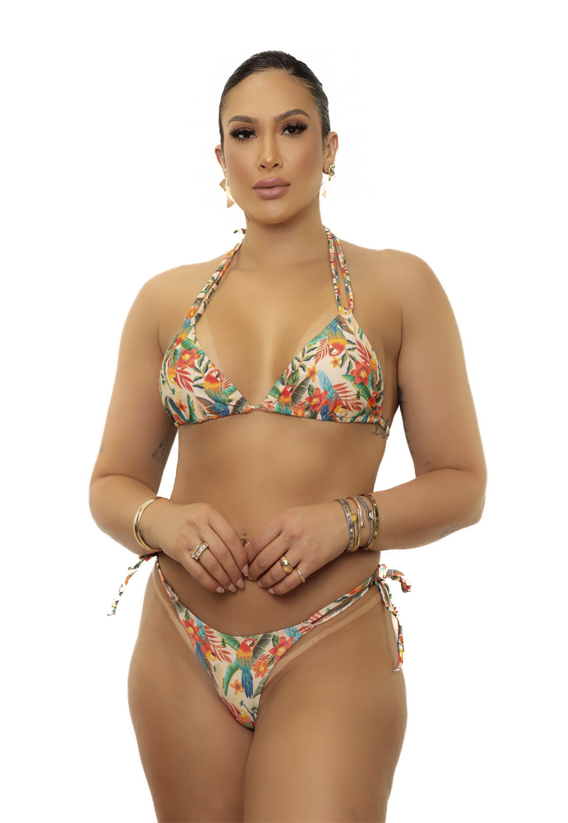 Top cortininha + calcinha de amarrar fio dental araras tropical