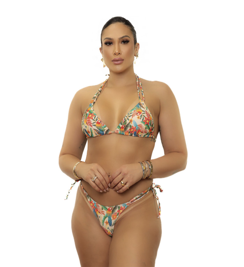 Top cortininha + calcinha de amarrar fio dental araras tropical