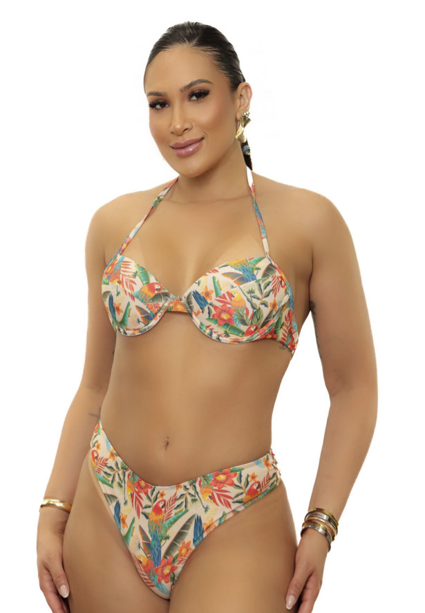 Top bojo meia taça + Calcinha fechada araras tropical