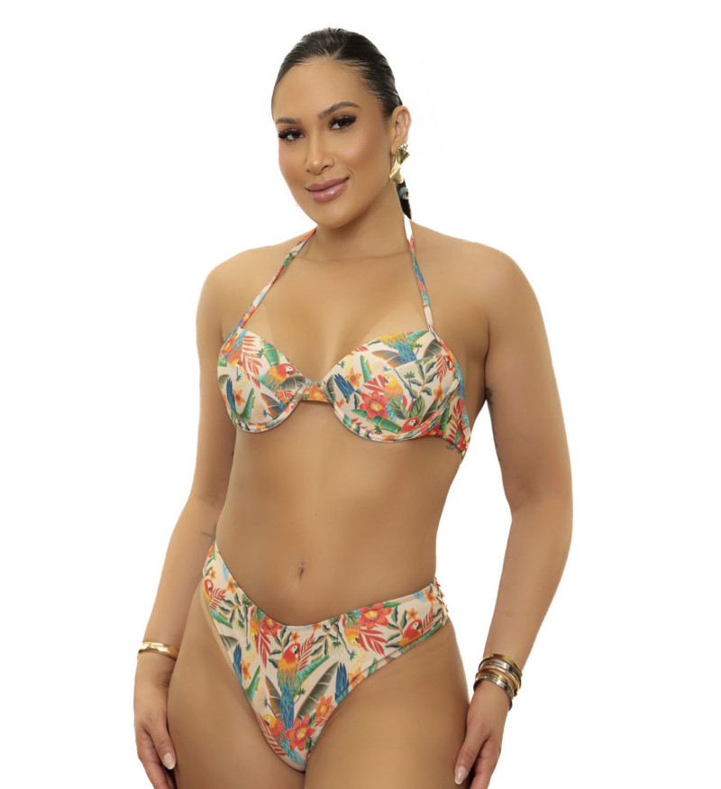 Top bojo meia taça + Calcinha fechada araras tropical