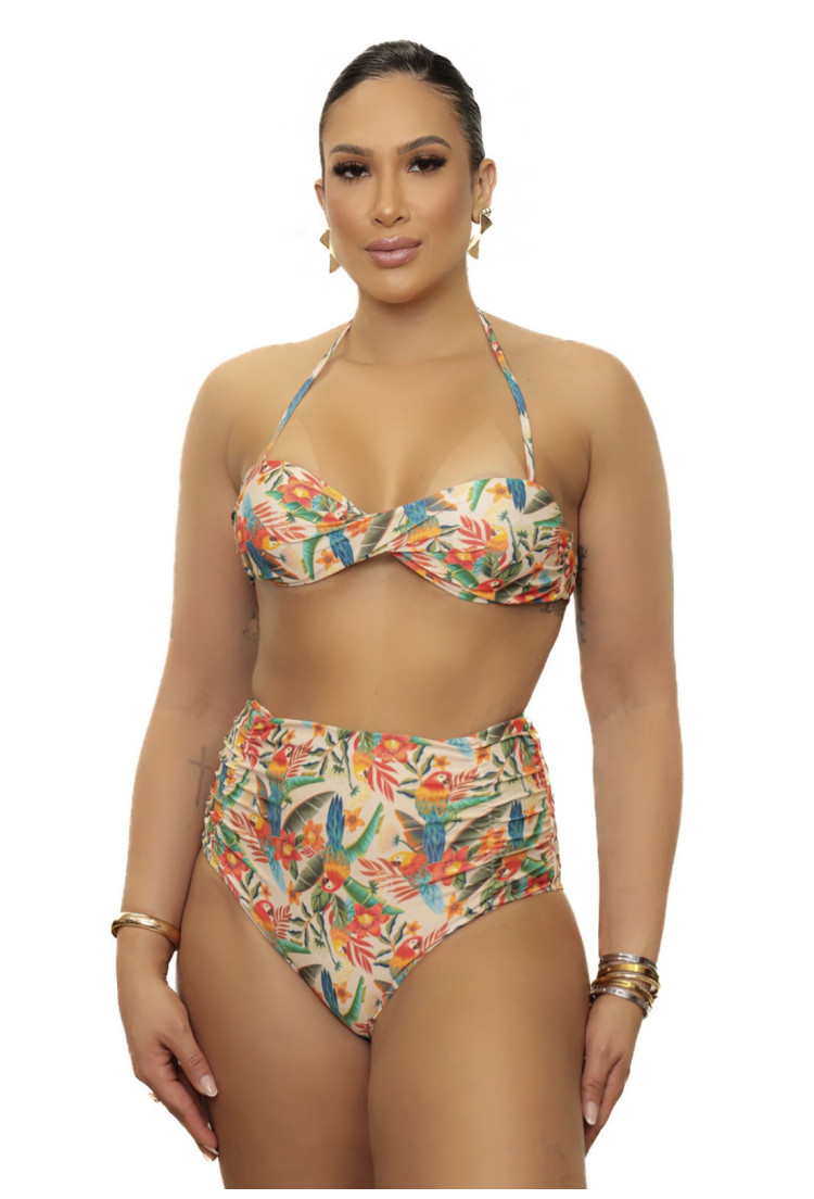 Top bojo torcido + hot pants estampa araras tropical