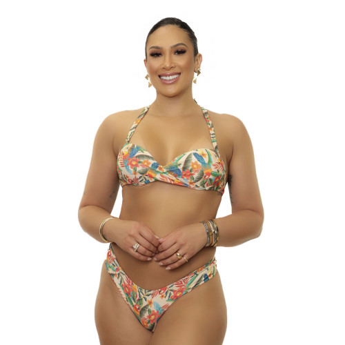 Top bojo cruzado + calcinha plus size estampa araras tropical 