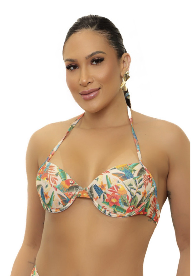 Top bojo meia taça estampado araras tropical